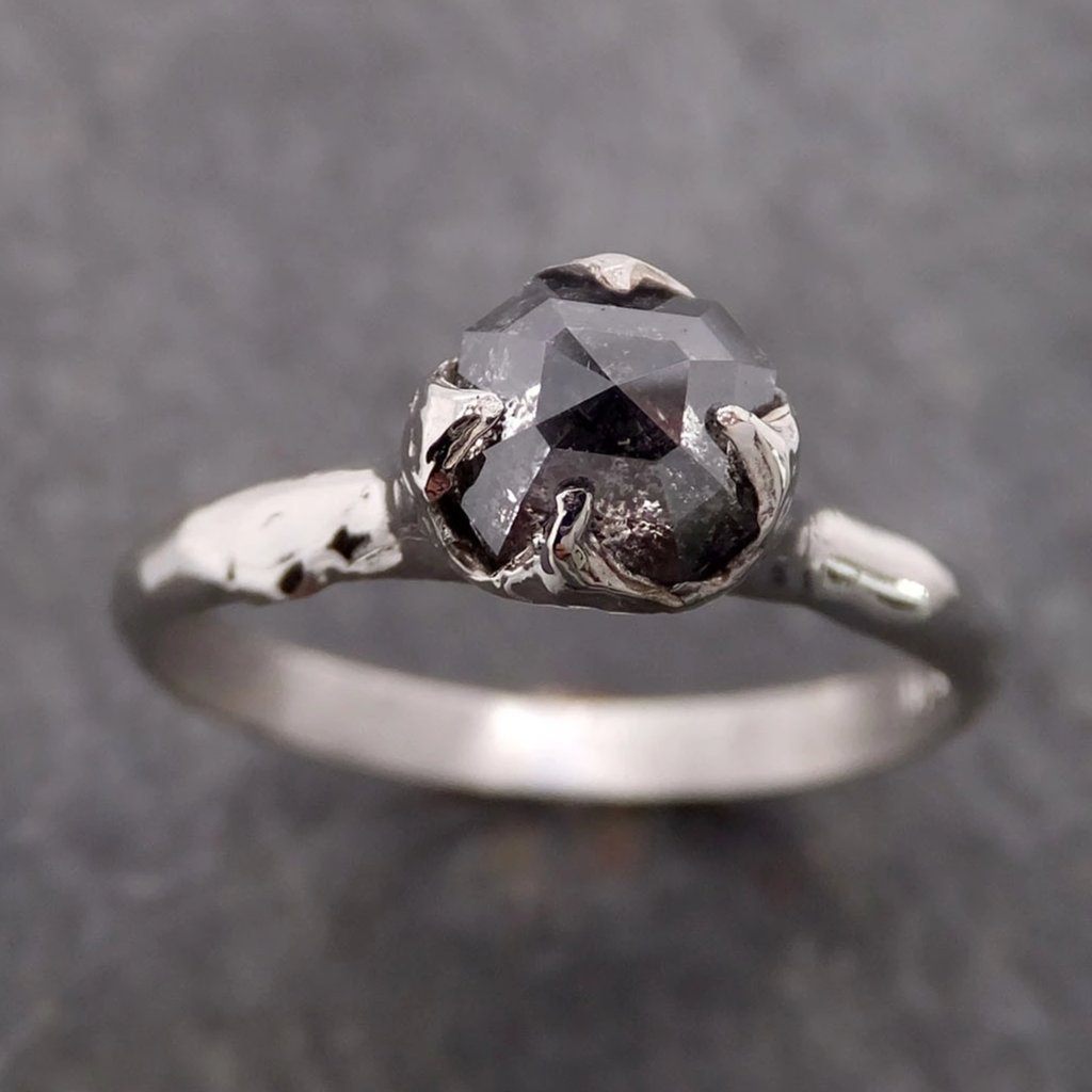 Fancy cut salt and pepper Diamond Solitaire Engagement 14k White Gold Wedding Ring byAngeline 2072