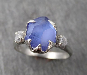 Partially Faceted Sapphire Raw Multi stone Rough Diamond 14k White Gold Engagement Ring Wedding Ring Custom Gemstone Ring 1700