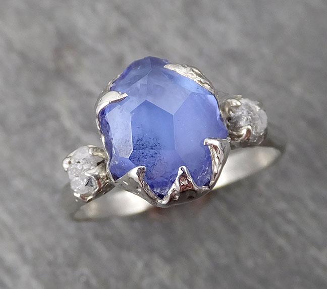 Partially Faceted Sapphire Raw Multi stone Rough Diamond 14k White Gold Engagement Ring Wedding Ring Custom Gemstone Ring 1700