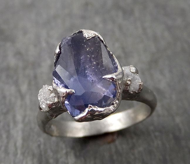 Partially faceted Sapphire Diamond 14k White Gold Engagement Ring Wedding Ring Custom One Of a Kind blue Gemstone Ring Multi stone Ring 1701