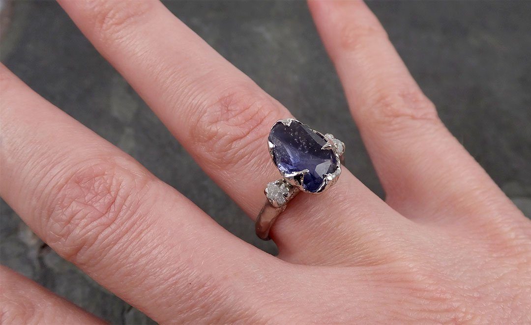Partially faceted Sapphire Diamond 14k White Gold Engagement Ring Wedding Ring Custom One Of a Kind blue Gemstone Ring Multi stone Ring 1701