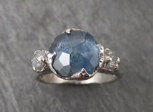montana sapphire partially faceted multi stone rough diamond 14k white gold engagement ring wedding ring custom gemstone ring 1717 Alternative Engagement