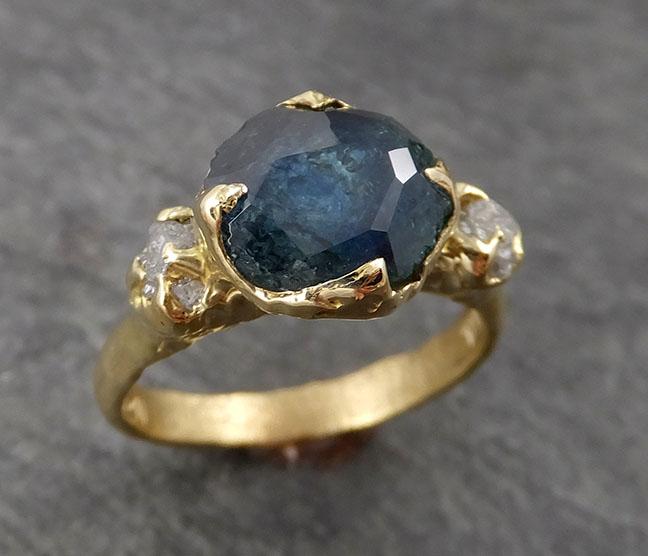 partially faceted montana sapphire diamond 18k yellow gold engagement ring wedding ring custom one of a kind blue gemstone ring multi stone ring 1718 Alternative Engagement