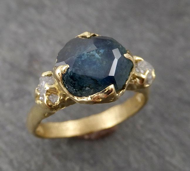 partially faceted montana sapphire diamond 18k yellow gold engagement ring wedding ring custom one of a kind blue gemstone ring multi stone ring 1718 Alternative Engagement