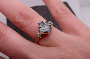 Raw Uncut Aquamarine Diamond yellow Gold Engagement Ring Multi stone Wedding 14k Ring Custom Gemstone Bespoke Three stone Ring byAngeline 2103