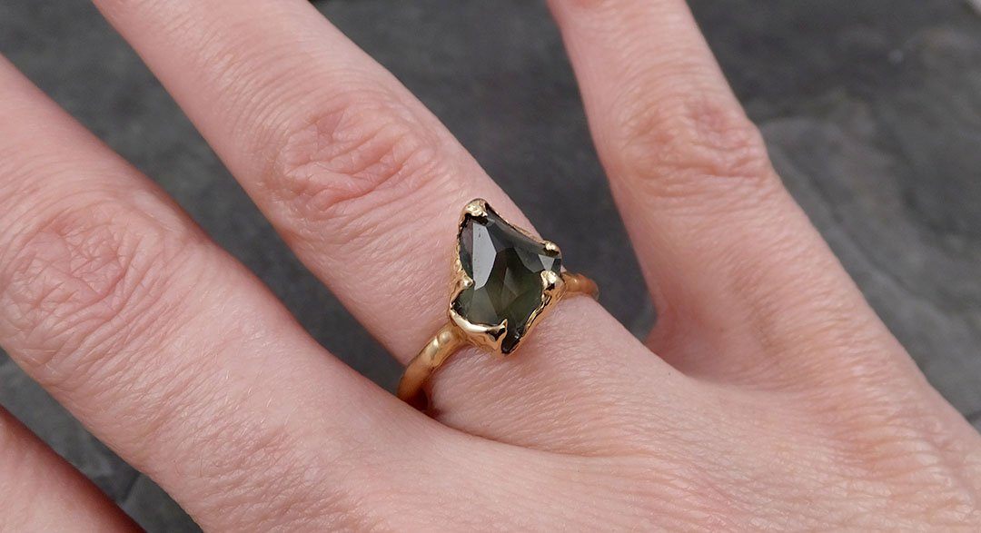 Partially faceted Solitaire Green Sapphire 14k yellow Gold Engagement Ring One Of a Kind Gemstone Ring byAngeline 1738
