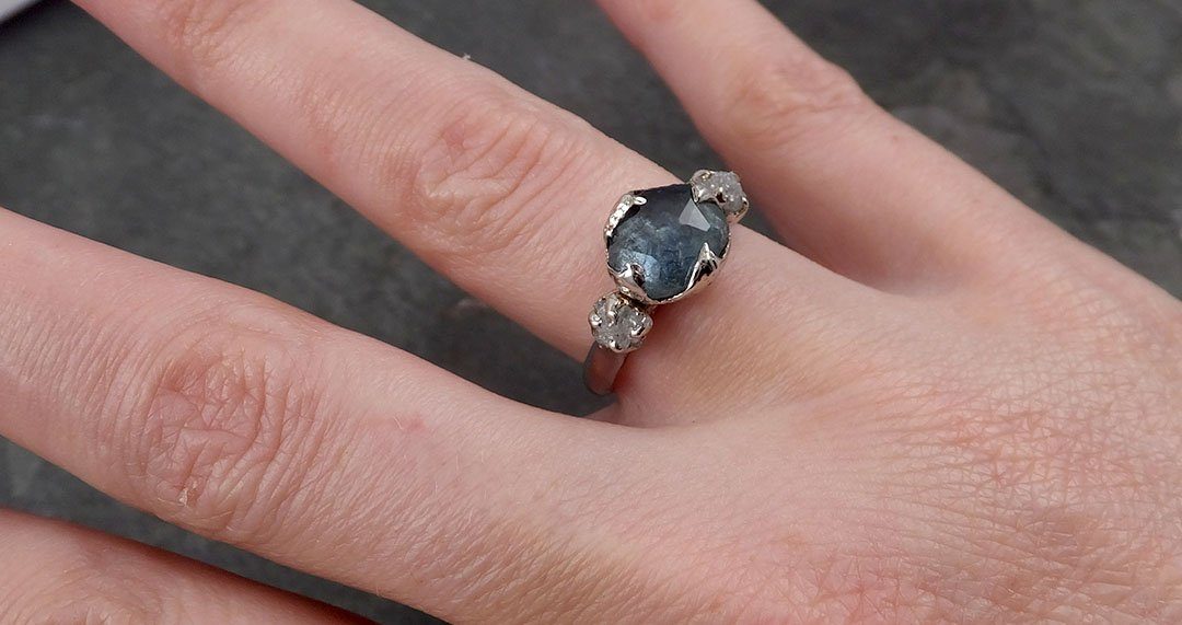 partially faceted blue montana sapphire diamond 18k white gold engagement ring wedding ring custom one of a kind gemstone ring multi stone ring 1749 Alternative Engagement