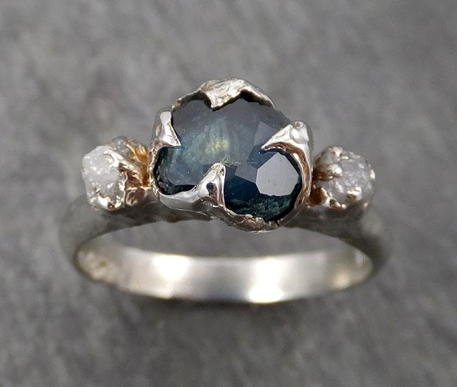 partially faceted blue-green montana sapphire diamond 18k white gold engagement ring wedding ring custom one of a kind gemstone ring multi stone ring 1751 Alternative Engagement