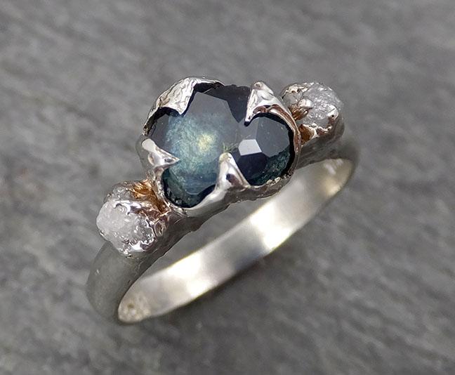 partially faceted blue-green montana sapphire diamond 18k white gold engagement ring wedding ring custom one of a kind gemstone ring multi stone ring 1751 Alternative Engagement