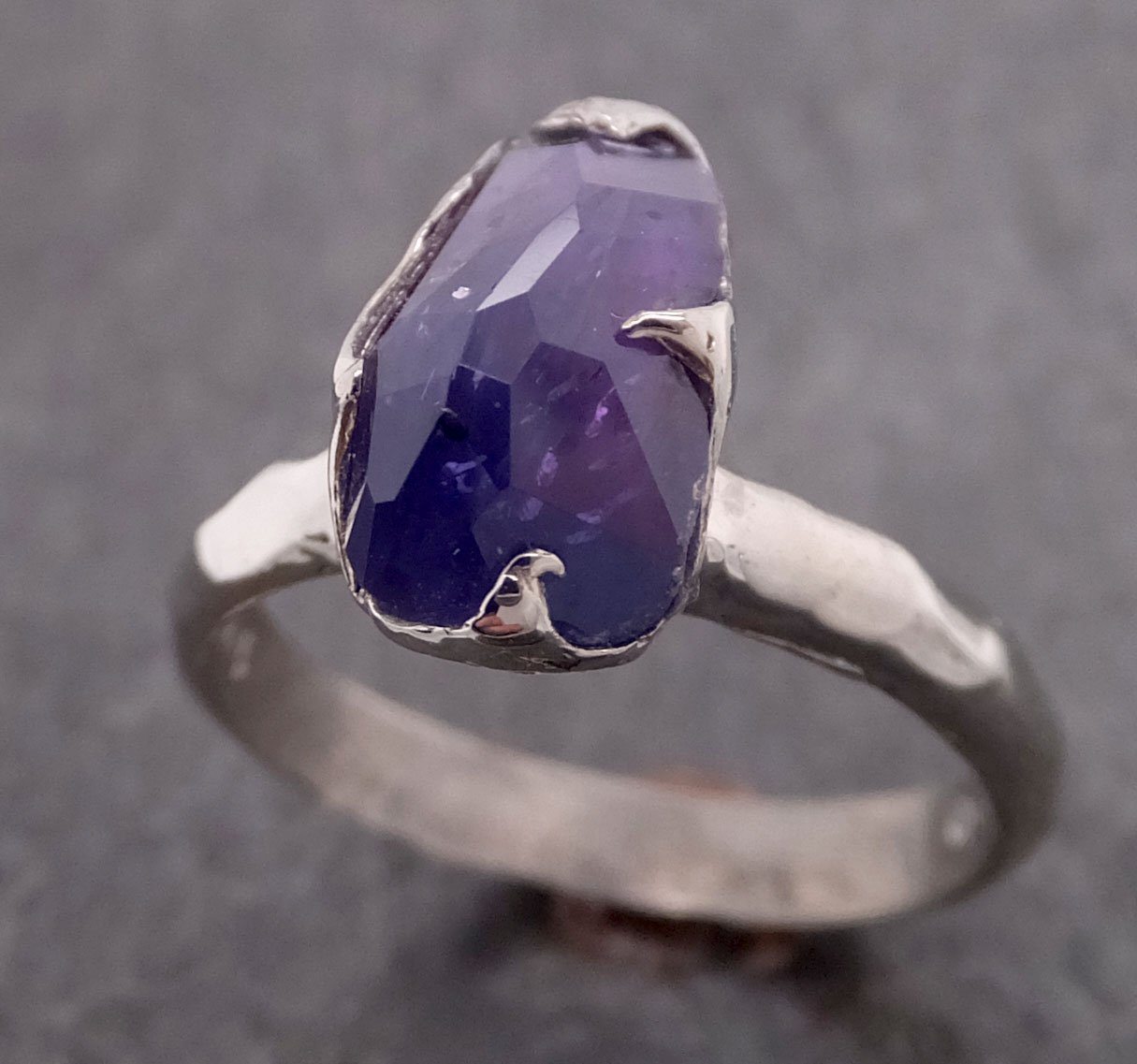 Partially Faceted Purple Sapphire Solitaire 14k white Gold Engagement Ring Wedding Ring Custom One Of a Kind Gemstone Ring 2116
