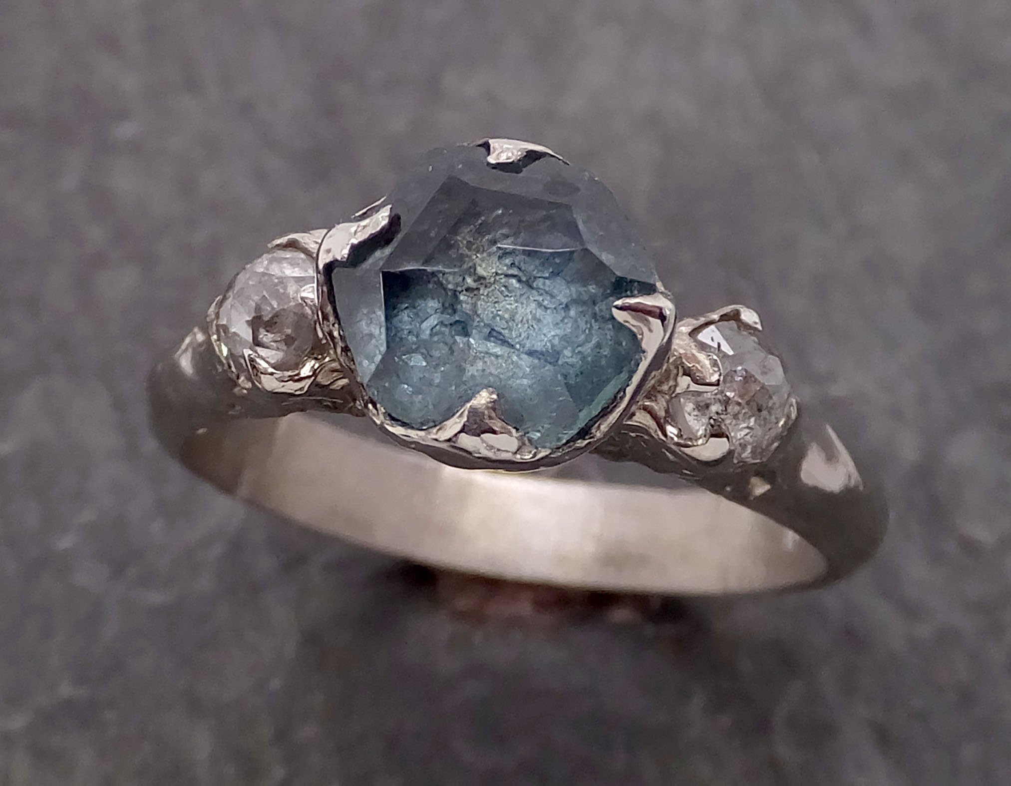 partially faceted blue montana sapphire and fancy diamonds 14k white gold engagement wedding ring custom gemstone ring multi stone ring c2112 Alternative Engagement