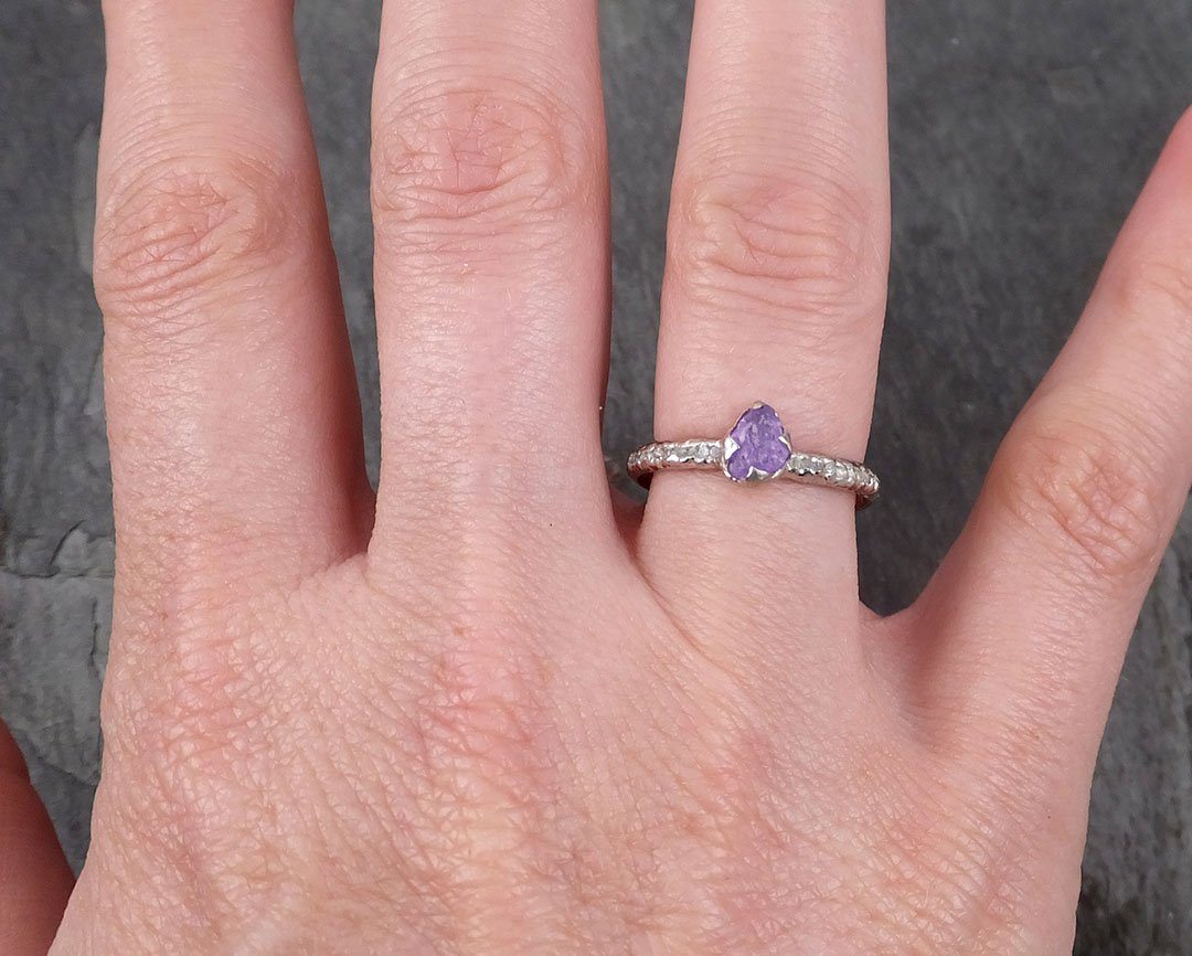 raw sapphire diamond 14k white gold engagement ring wedding ring custom one of a kind purple gemstone ring multi stone 1764 Alternative Engagement
