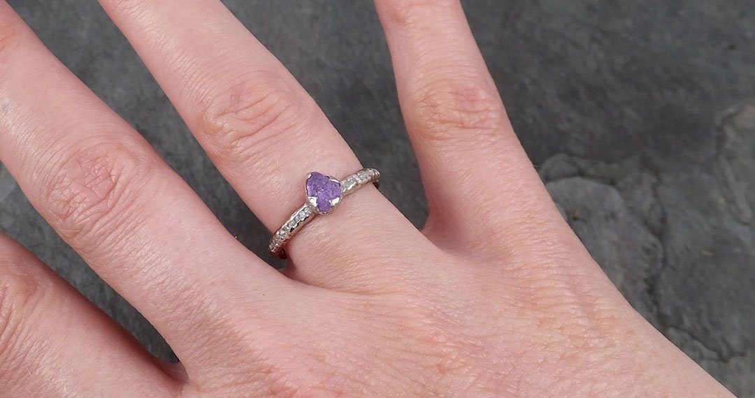 raw sapphire diamond 14k white gold engagement ring wedding ring custom one of a kind purple gemstone ring multi stone 1764 Alternative Engagement