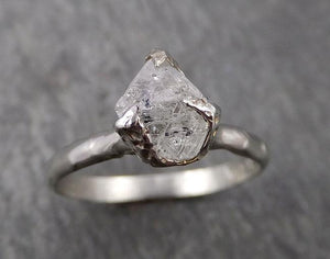 Natural rough uncut octahedral Salt and Pepper Diamond Solitaire Engagement 14k White Gold Wedding Ring byAngeline 1775