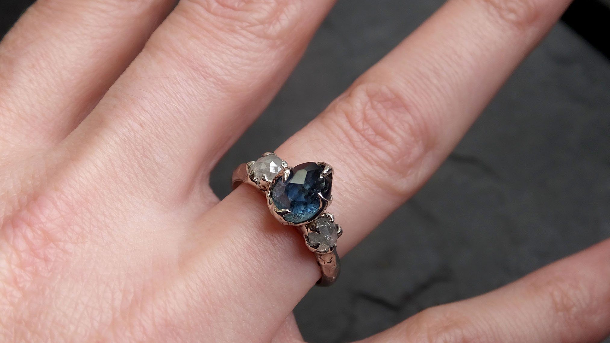 partially faceted blue montana sapphire and fancy diamonds 18k white gold engagement wedding ring custom gemstone ring multi stone ring 2133 Alternative Engagement