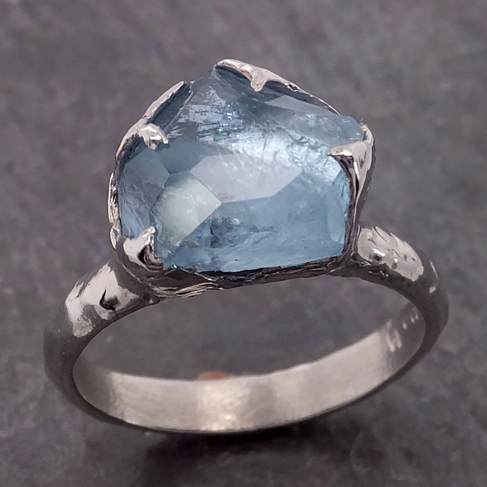 partially faceted aquamarine white 18k gold solitaire ring statement wedding ring one of a kind gemstone ring bespoke 2130 Alternative Engagement
