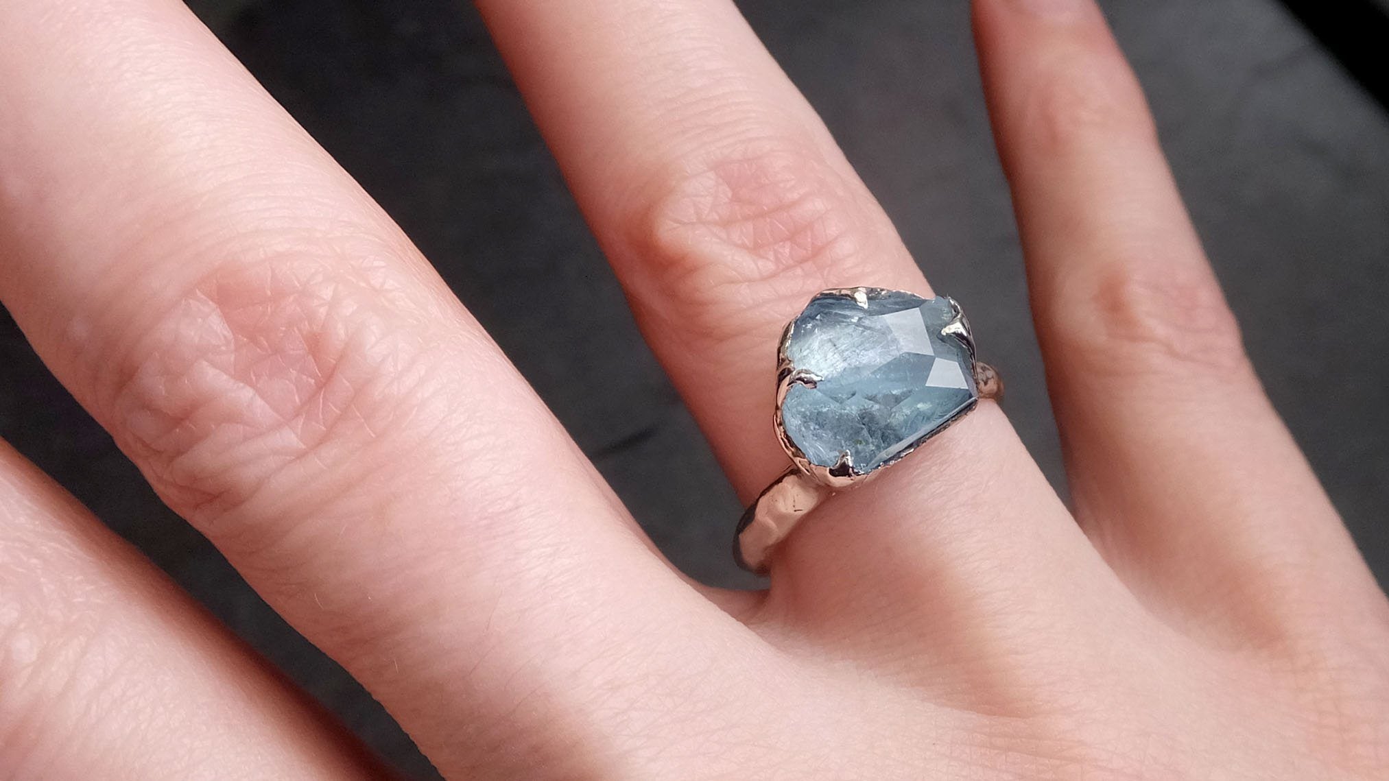 partially faceted aquamarine white 18k gold solitaire ring statement wedding ring one of a kind gemstone ring bespoke 2130 Alternative Engagement