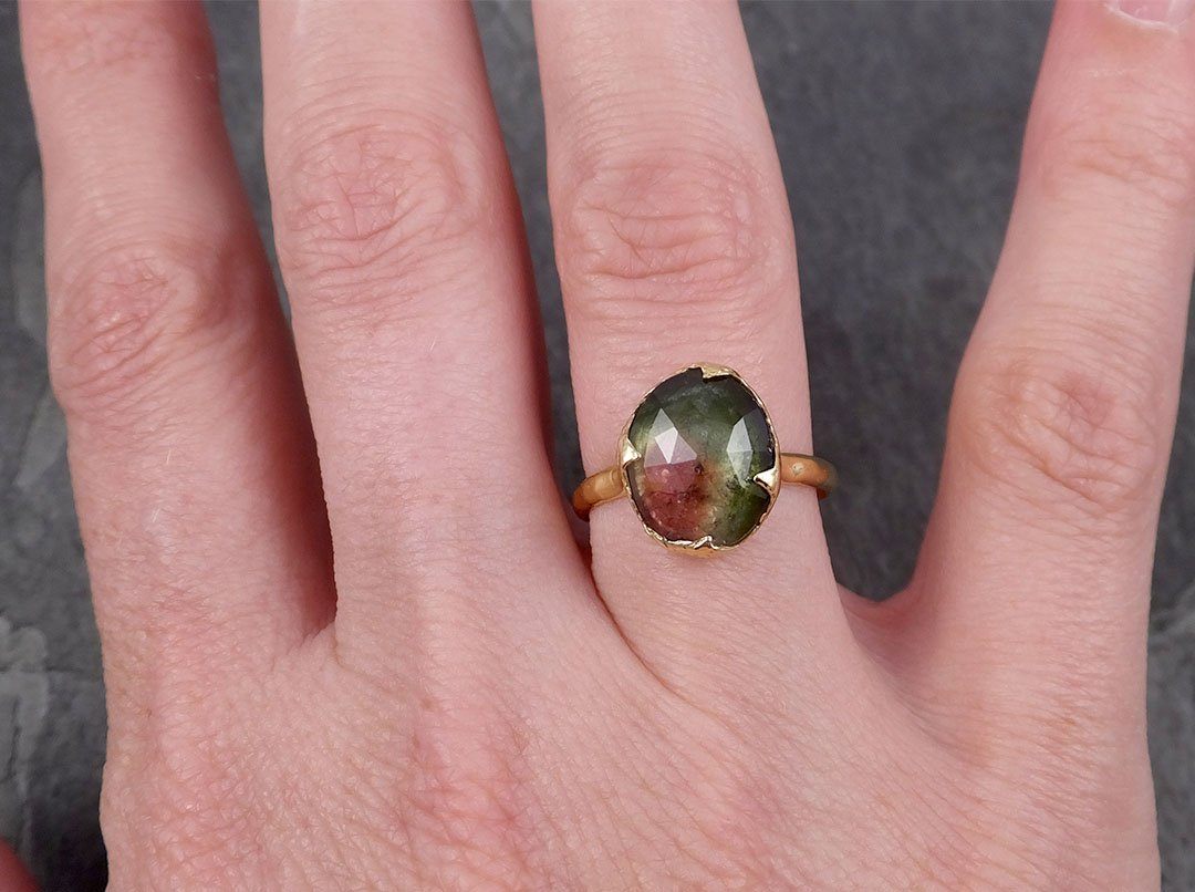 fancy cut watermelon tourmaline yellow gold ring gemstone solitaire recycled 18k statement 1789 Alternative Engagement