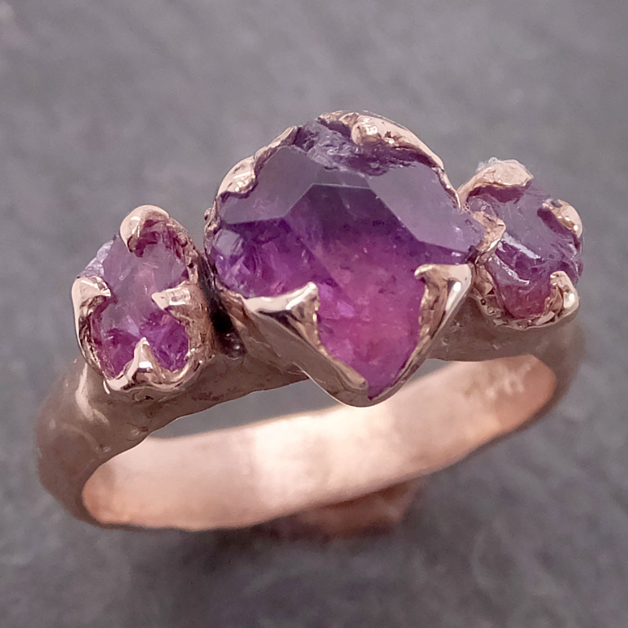 Partially faceted pinkish purple Sapphire and Raw side sapphires Multi stone 14k rose Gold Engagement Ring Wedding Ring Gemstone Ring 2142