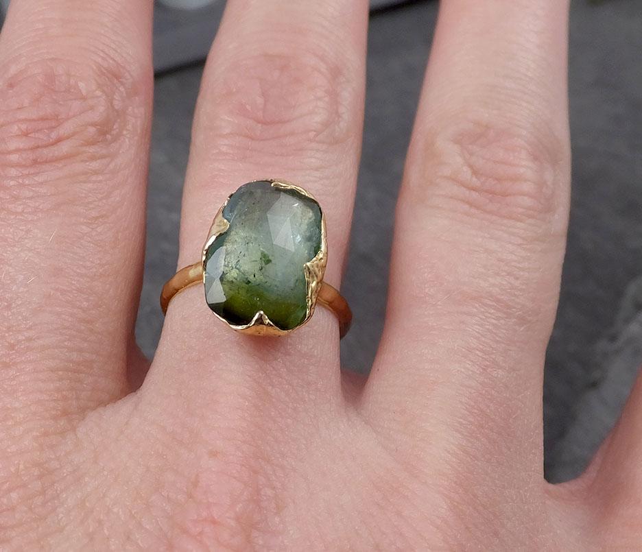 Fancy cut Green Tourmaline Yellow Gold Ring Gemstone Solitaire recycled 18k statement cocktail statement 1804
