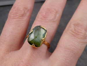 Fancy cut Green Tourmaline Yellow Gold Ring Gemstone Solitaire recycled 18k statement cocktail statement 1804