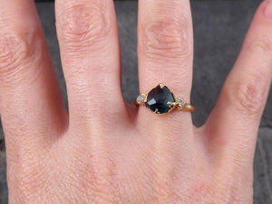 partially faceted montana sapphire diamond 18k yellow gold engagement ring wedding ring custom one of a kind blue gemstone ring multi stone ring 1805 Alternative Engagement