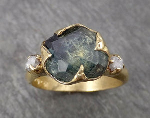 partially faceted montana sapphire natural green sapphire gemstone raw rough diamond 18k yellow gold engagement ring multi stone 1801 Alternative Engagement