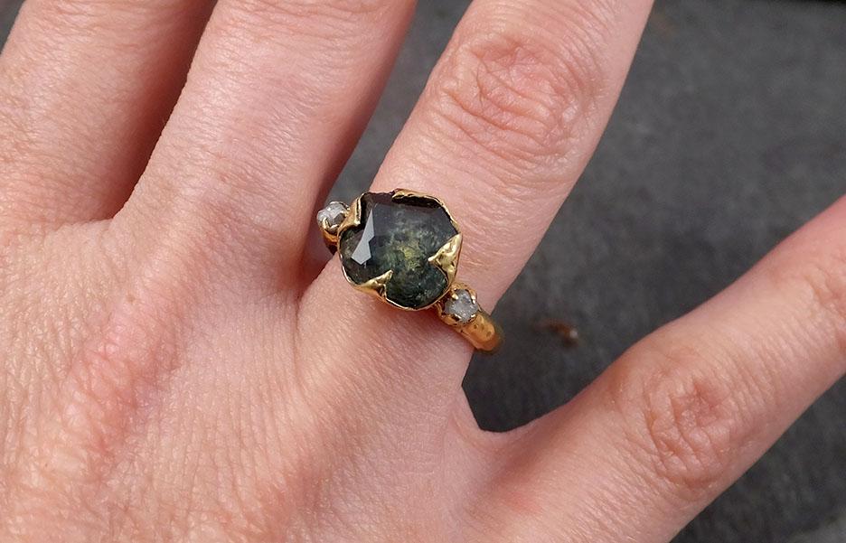 partially faceted montana sapphire natural green sapphire gemstone raw rough diamond 18k yellow gold engagement ring multi stone 1801 Alternative Engagement
