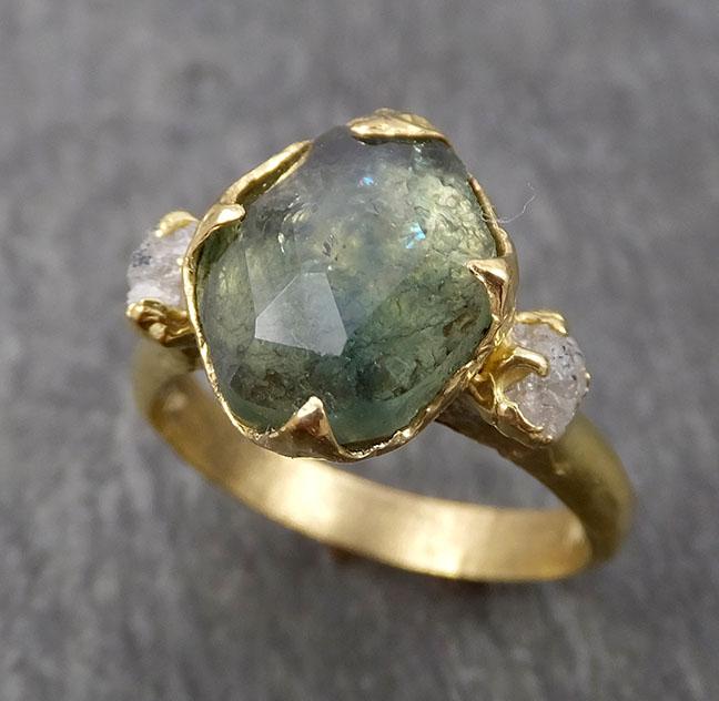 partially faceted montana sapphire natural green sapphire gemstone raw rough diamond 18k yellow gold engagement ring multi stone 1812 Alternative Engagement