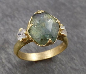 partially faceted montana sapphire natural green sapphire gemstone raw rough diamond 18k yellow gold engagement ring multi stone 1812 Alternative Engagement