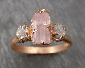 Raw Pink Tourmaline Diamond 14k Rose Gold Multi stone Engagement Ring Wedding Ring One Of a Kind Gemstone Ring Bespoke Three stone Ring 1828