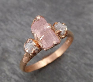 Raw Pink Tourmaline Diamond 14k Rose Gold Multi stone Engagement Ring Wedding Ring One Of a Kind Gemstone Ring Bespoke Three stone Ring 1828