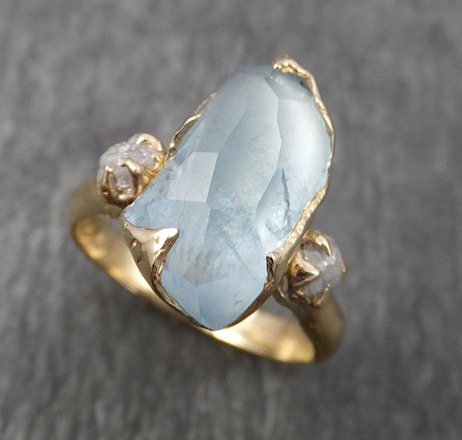raw rough and partially faceted aquamarine diamond 18k yellow gold multi stone ring one of a kind gemstone ring recycled gold 1835 Alternative Engagement