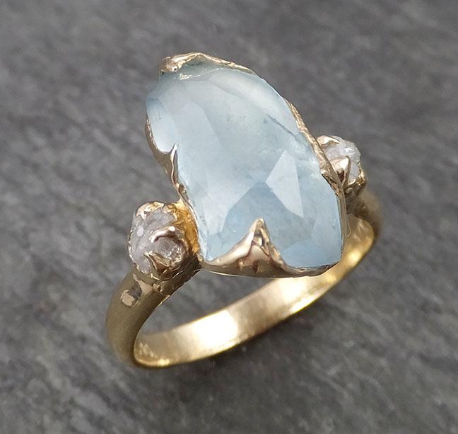 raw rough and partially faceted aquamarine diamond 18k yellow gold multi stone ring one of a kind gemstone ring recycled gold 1835 Alternative Engagement