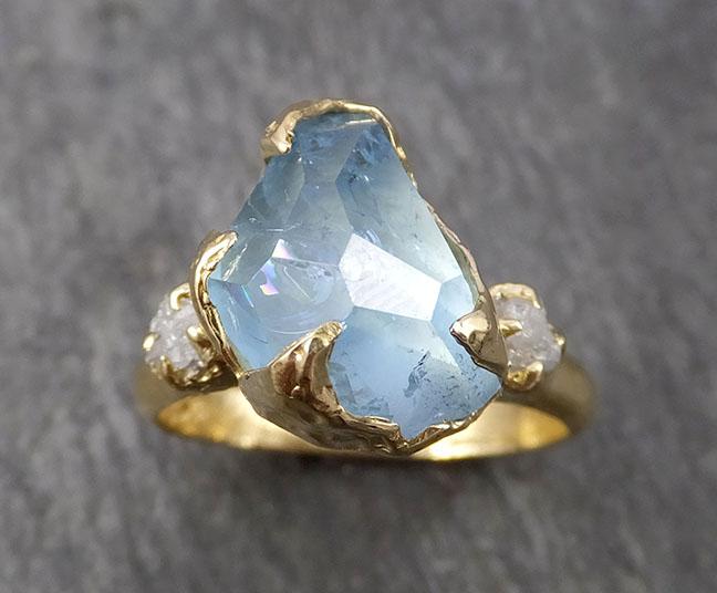 raw rough and partially faceted aquamarine diamond 18k yellow gold multi stone ring one of a kind gemstone ring recycled gold 1834 Alternative Engagement