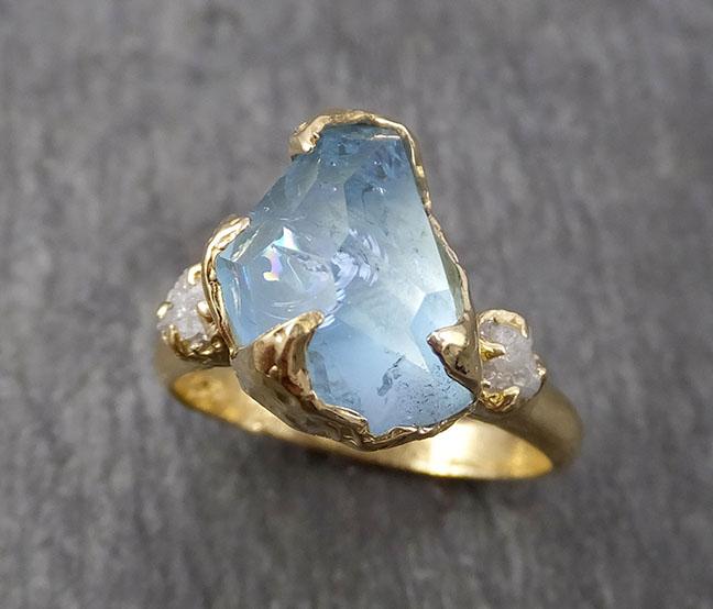 raw rough and partially faceted aquamarine diamond 18k yellow gold multi stone ring one of a kind gemstone ring recycled gold 1834 Alternative Engagement