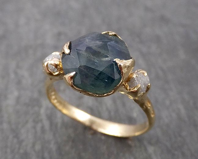 partially faceted montana sapphire natural blueish-green sapphire gemstone raw rough diamond 14k yellow gold engagement ring multi stone 1840 Alternative Engagement