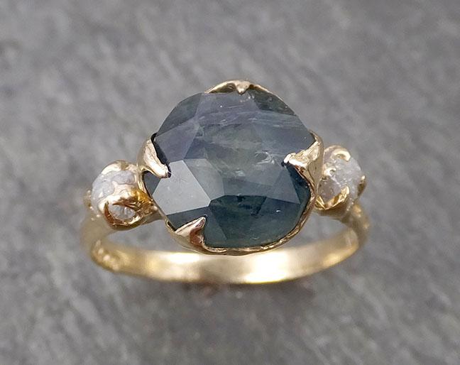 partially faceted montana sapphire natural blueish-green sapphire gemstone raw rough diamond 14k yellow gold engagement ring multi stone 1840 Alternative Engagement