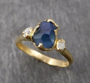 partially faceted montana sapphire natural blue sapphire gemstone raw rough diamond 14k yellow gold engagement ring multi stone 1842 Alternative Engagement