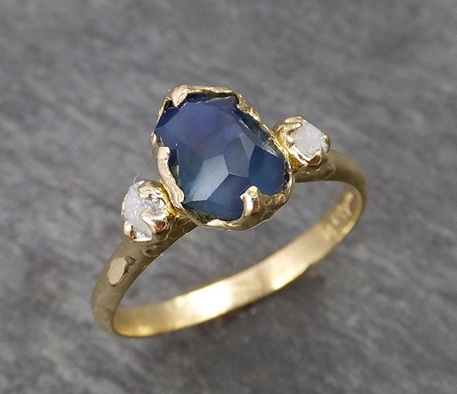 partially faceted montana sapphire natural blue sapphire gemstone raw rough diamond 14k yellow gold engagement ring multi stone 1842 Alternative Engagement