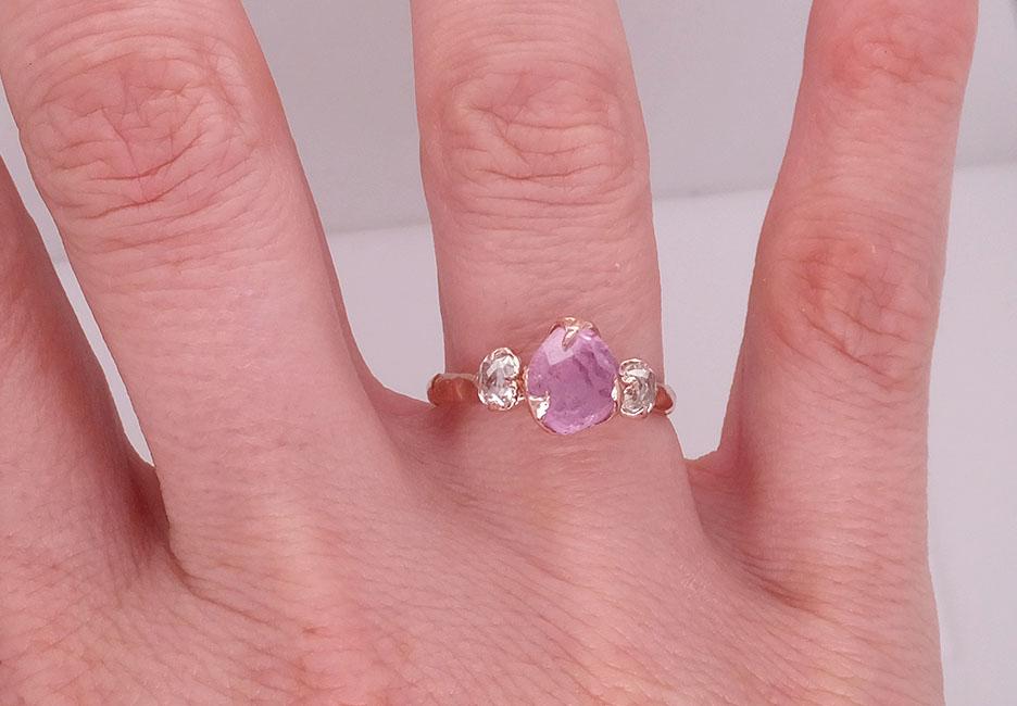 partially faceted pink sapphire gemstone fancy cut diamond 14k rose gold engagement multi stone 1843 Alternative Engagement