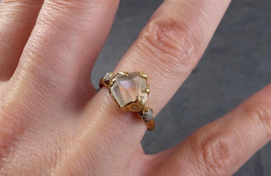 partially faceted moonstone rough diamond 18k gold ring gemstone multi stone recycled 1857 Alternative Engagement