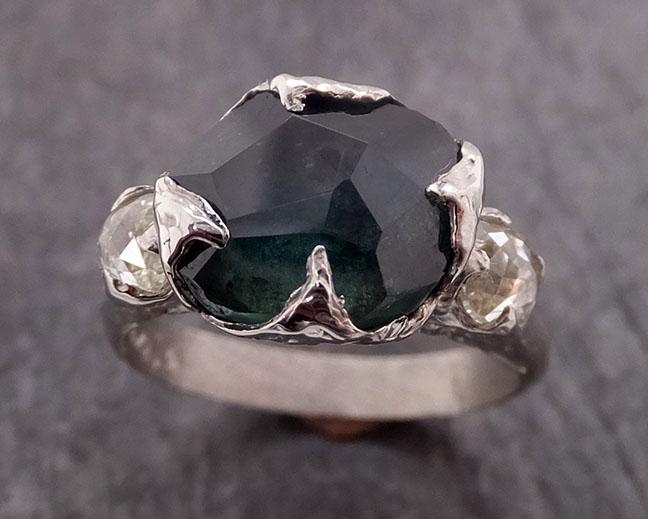 partially faceted green montana sapphire diamond 18k white gold engagement ring wedding ring custom one of a kind gemstone ring multi stone ring 1859 Alternative Engagement