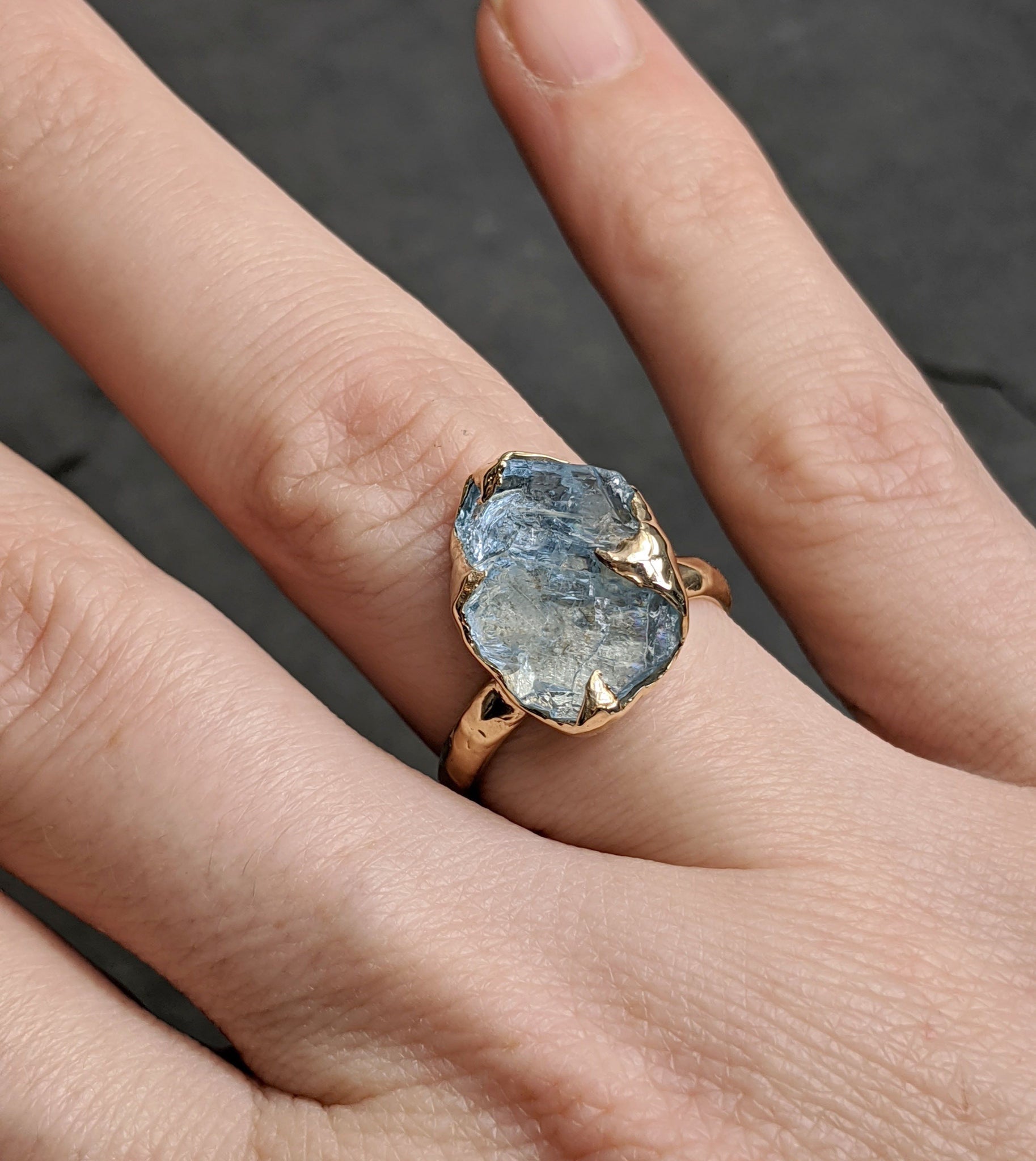 raw uncut aquamarine solitaire 14k yellow gold ring custom one of a kind gemstone ring bespoke byangeline 2093 Alternative Engagement