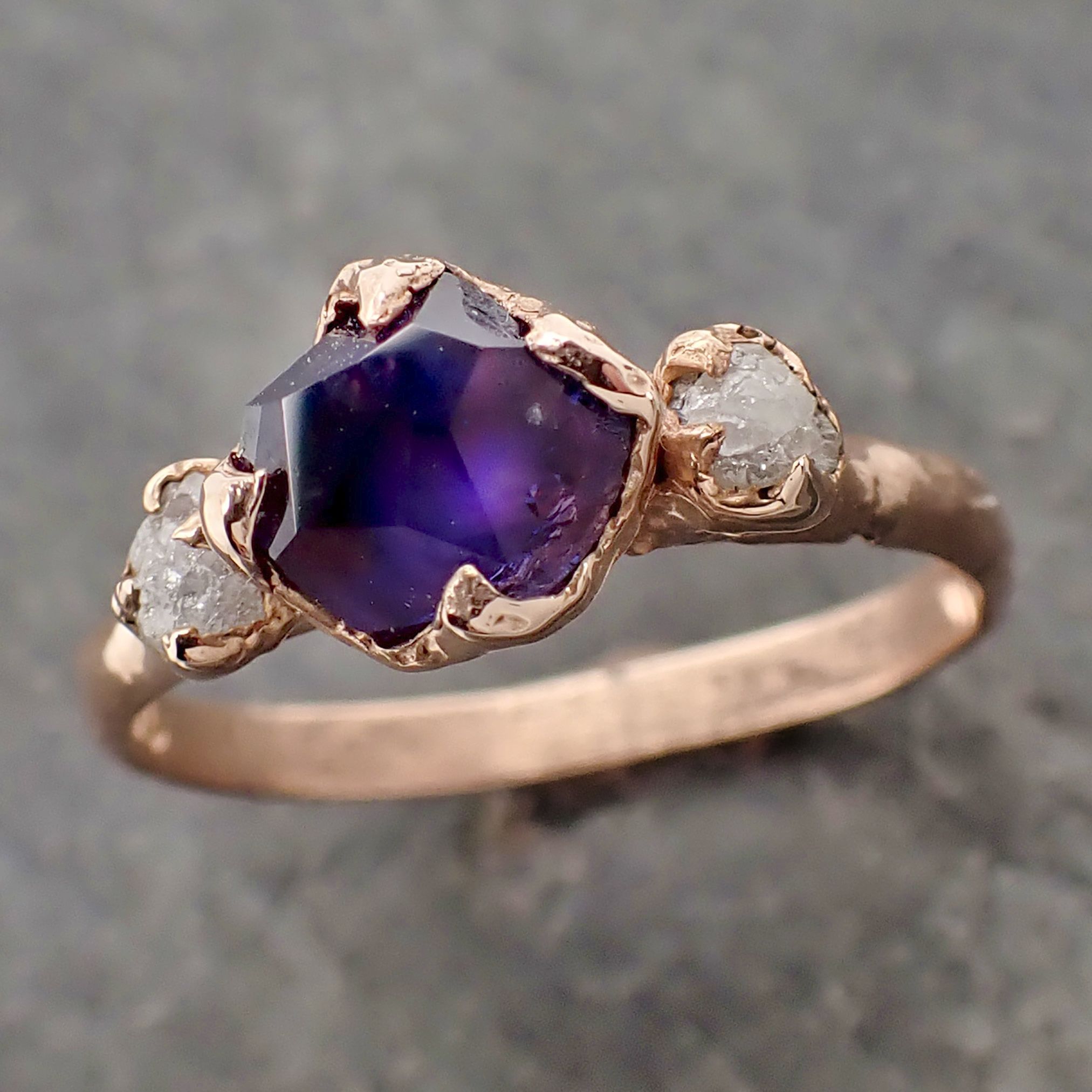 sapphire partially faceted multi stone rough diamond 14k rose gold engagement ring wedding ring custom one of a kind gemstone ring 2175 Alternative Engagement