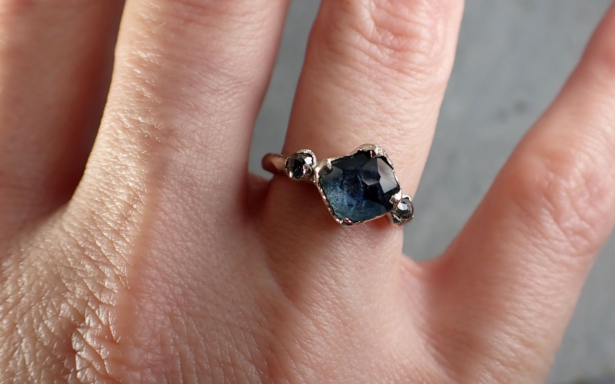 Partially faceted blue Montana Sapphire and fancy Diamonds 18k White Gold Engagement Wedding Ring Custom Gemstone Ring Multi stone Ring 3166