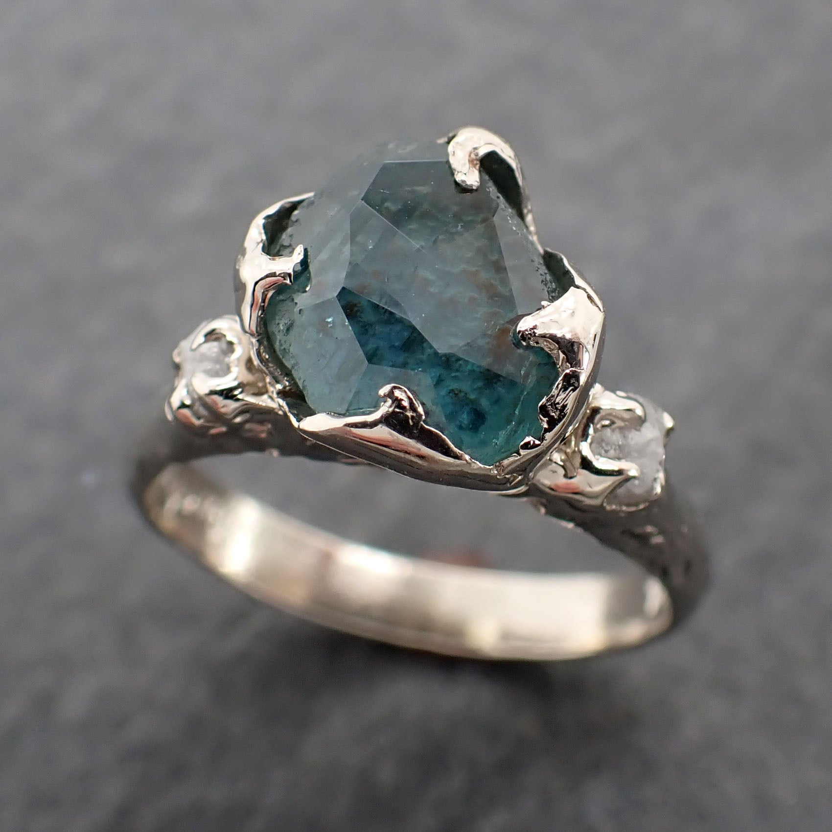 Montana Sapphire Partially Faceted Multi stone Rough Diamond 14k White Gold Engagement Ring Wedding Ring Custom Gemstone Ring Three stone 2410