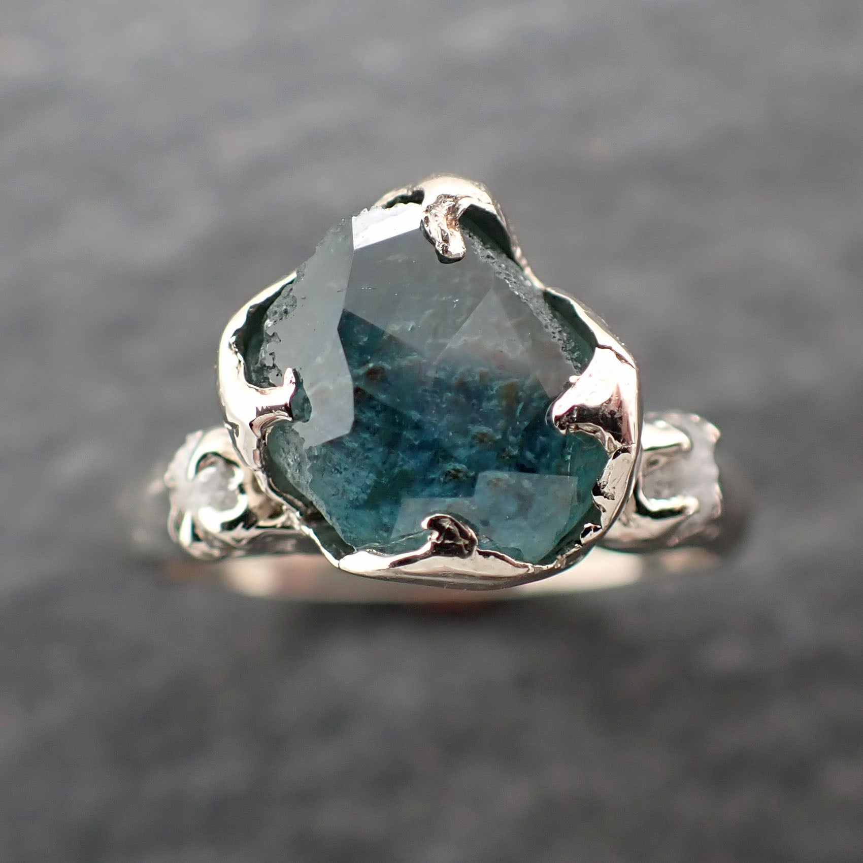 Montana Sapphire Partially Faceted Multi stone Rough Diamond 14k White Gold Engagement Ring Wedding Ring Custom Gemstone Ring Three stone 2410