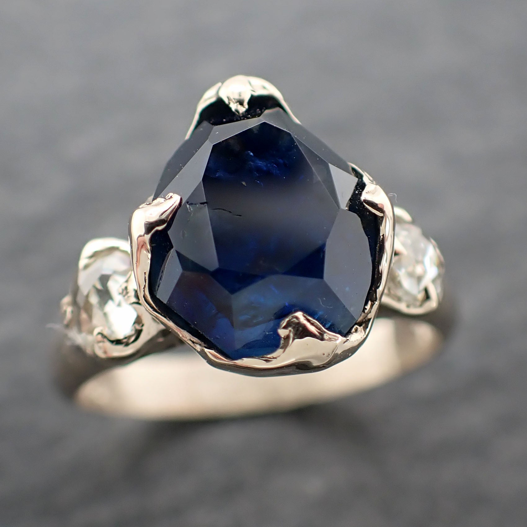 partially faceted blue sapphire and fancy diamonds 18k white gold engagement wedding ring custom gemstone ring multi stone ring 2409 Alternative Engagement