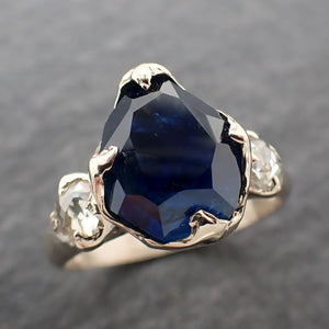 partially faceted blue sapphire and fancy diamonds 18k white gold engagement wedding ring custom gemstone ring multi stone ring 2409 Alternative Engagement